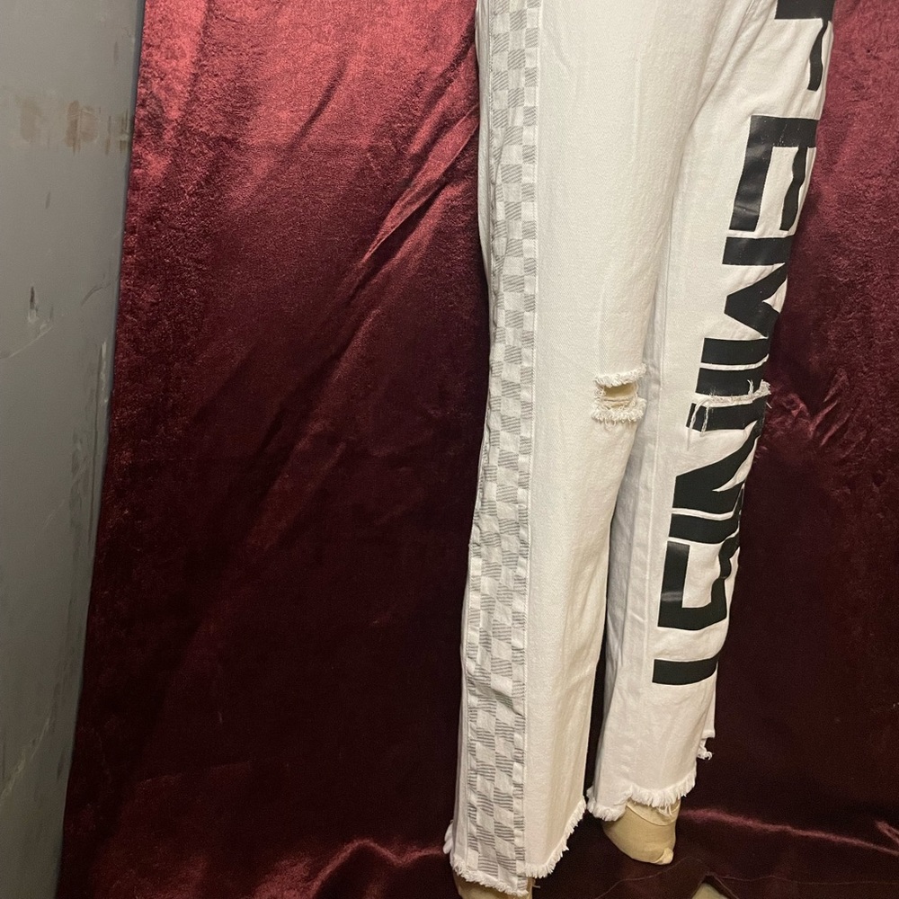 FashionNova Feminist White Denim, Checkered stripes Pants.